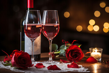 Romantic dinner date, red roses and wine on the table with candlelight, Valentine s day background.