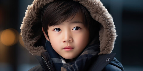Close-up of a young Asian boy in winter attire.