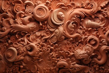  a close up of a wall made of clay with swirls and flowers in the center of the wall and a man's head in the middle of the middle of the wall.