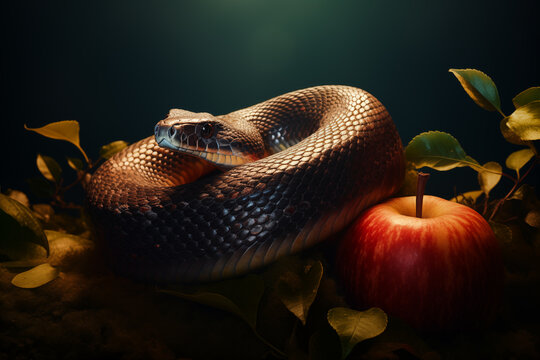 Apple of Eden with the snake. The symbol of temptation. Generative ai