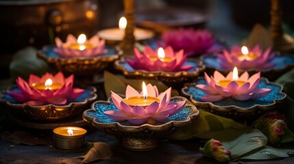 A collection of lotus-shaped candles, each lit and placed in an ornate bowl with intricate designs,