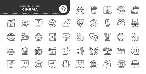 Set of line icons in linear style. Set - Cinema and film.Showing a movie in a cinema. Outline icon collection. Pictogram and infographic. Editable stroke. - obrazy, fototapety, plakaty