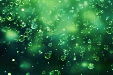  a lot of bubbles floating in the air on a blurry green background with a blue sky in the background.