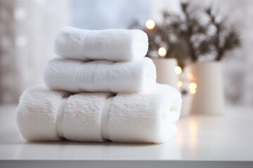  a stack of white towels sitting on top of a table next to a vase with a christmas tree in the background.