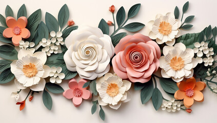3d render, floral background with paper flowers, leaves and pearls