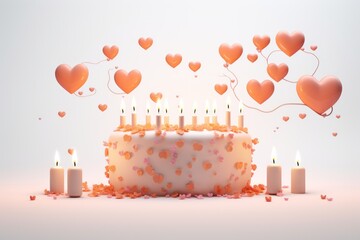  a birthday cake with lots of candles and hearts on it with confetti on the top of the cake.