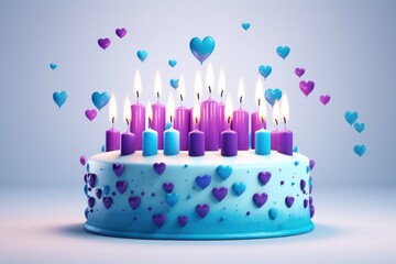  a birthday cake with purple and blue candles and hearts floating out of the top of the cake, on a light blue background.