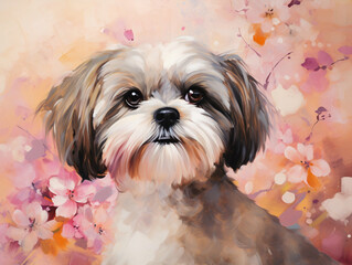 A portrait of shih tzu dog with floral in watercolor oil and acrylic style