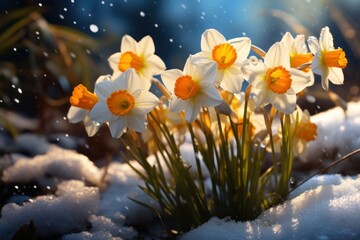  a bunch of daffodils in the snow with snow flakes on the ground in the foreground.