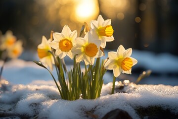  a group of yellow and white daffodils sitting in the snow with the sun shining in the background.