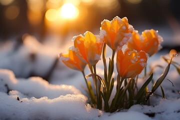  a close up of some flowers in the snow with the sun in the background and snow flakes on the...