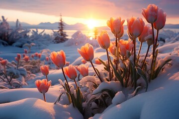  a bunch of pink tulips in the snow with the sun setting in the distance in a snowy landscape.
