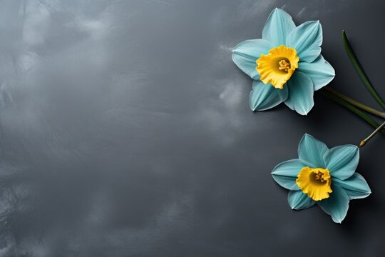  two blue and yellow daffodils on a gray background with a green stem and a yellow flower in the middle.