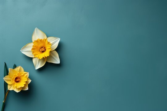  two yellow daffodils on a blue background with a green stem and a yellow flower in the middle.