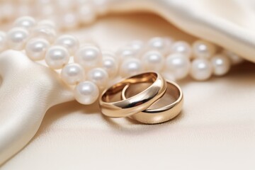  two gold wedding rings sitting on top of a white cloth next to a pearl necklace and a pearl beaded necklace.