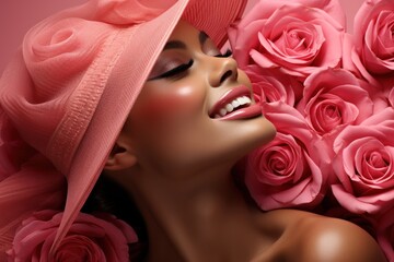  a woman with a pink hat and a bunch of pink roses on her head and a pink dress on her body.