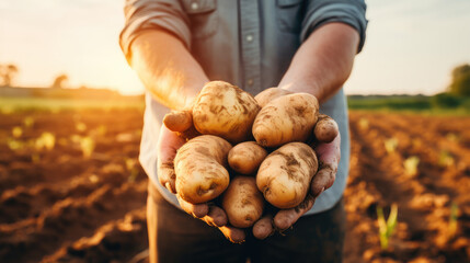 Farmer holding potato in the hands Generative AI