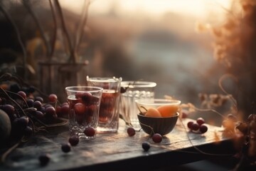  a table topped with a bowl of fruit next to two cups filled with oranges and a bowl of cherries.