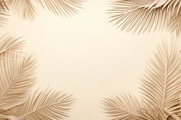  a close up of a palm tree leaves on a beige background with a place for a text or an image.