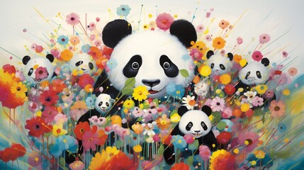 vibrant and whimsical portrayal of a playful panda, its black and white fur and playful antics...