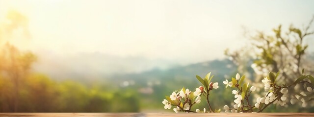 Springtime Blossoms with Majestic Mountain Views from a Wooden Deck, background, design template, space to copy, banner, setting for product display, cover image - obrazy, fototapety, plakaty