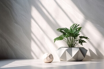 Marble Geometric Decor and Home Plant in Corner with Lighting and Soft Shadow