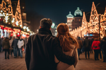 A happy and friendly couple strolls through the city at night, decorated with illuminations. A magical and beautiful night view and a concept for a fun way to spend your holidays and vacations.