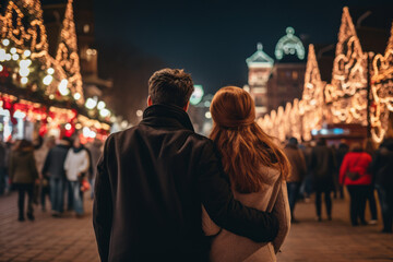A happy and friendly couple strolls through the city at night, decorated with illuminations. A magical and beautiful night view and a concept for a fun way to spend your holidays and vacations.