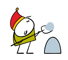 Boy in red cap shovels snow, cleans the path to the house. Vector illustration of a winter elf preparing for Christmas and new year.