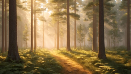Peaceful forest landscape with a golden light