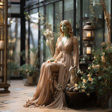 Maniqu&iacute; mujer sentada pose modelo, venta lencer&iacute;a y arreglos florales, decoraci&oacute;n interior, ropa de cama, ideas de viaje, regalos de enamorados, febrero, arte de seducir