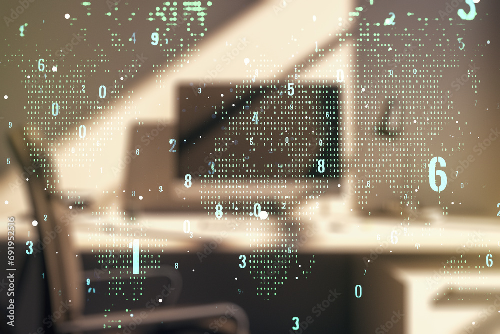Aufkleber Multi exposure of abstract software development hologram with world map and modern desktop with laptop on background, global research and analytics concept