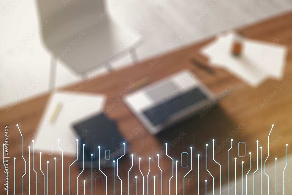 Aufkleber double exposure of circuit hologram and modern desktop with laptop on background. research and devel