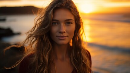 Out of focus portrait of surfer girl holding her board in the sea at sunset
