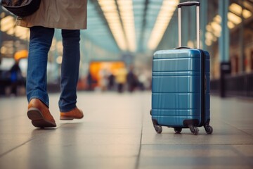  a person walking down a walkway with a blue suitcase next to a person in a tan coat and brown shoes.