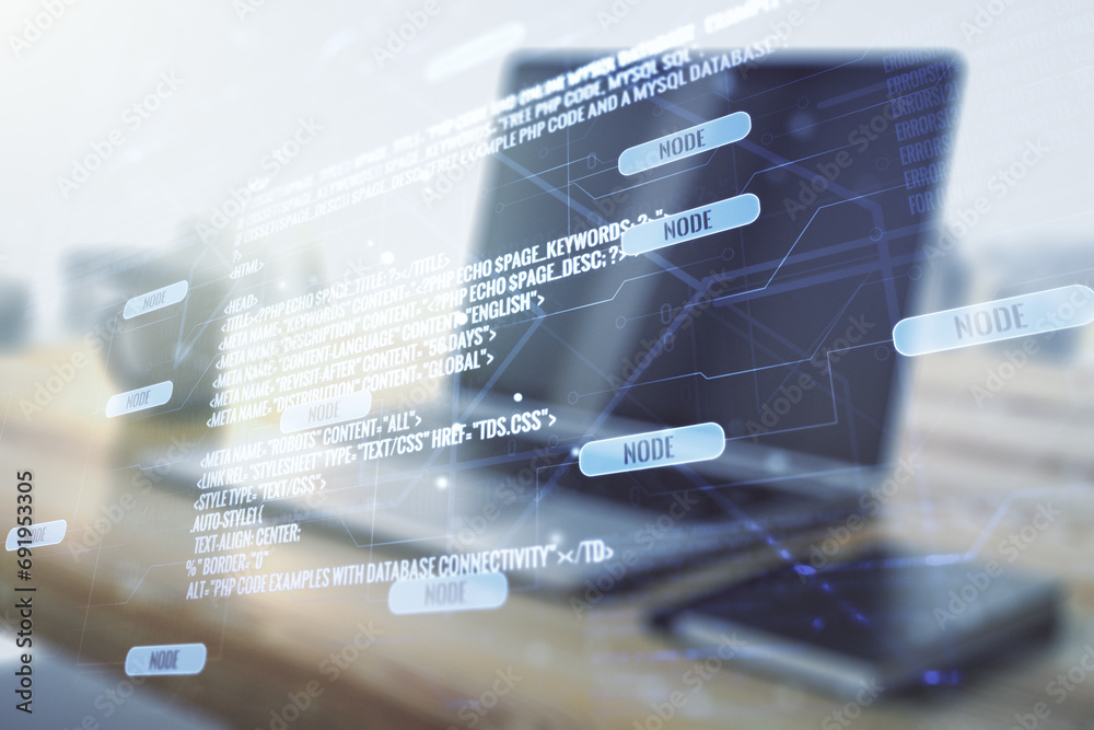Poster multi exposure of abstract graphic coding sketch and modern desktop with pc on background, big data 