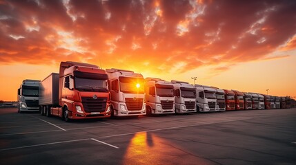 Parked trucks in front of bright sunrise - obrazy, fototapety, plakaty