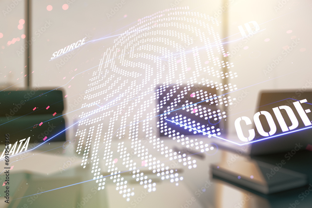Poster double exposure of abstract creative fingerprint hologram and modern desk with computer on backgroun