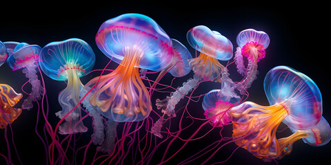 Underwater Magic.Neon Jellyfish Illumination.AI Generative 