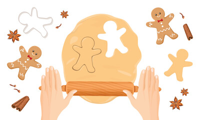 Baking gingerbread man. Hands making dough for christmas cookies. Form for cutting gingerbread, rolling pin and spices isolated on white background. Vector cartoon illustration.