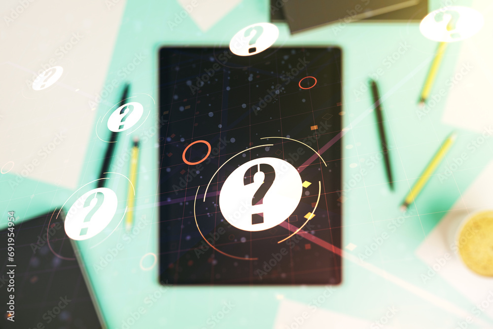 Aufkleber creative abstract question mark sketch and modern digital tablet on background, faq and research con