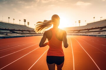 Young woman in sportswear running on stadium