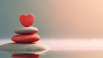 stack of red heart shaped stones on still water. A zen and romantic concept for valentine’s day, spa, and meditation. A horizontal image with copy space and a calm sea in the background