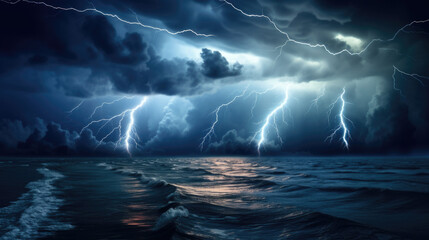 A thunderstorm with lightning over the sea. Wallpaper. 