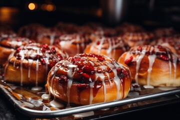  a close up of a tray of doughnuts with icing and cranberry toppings on them.