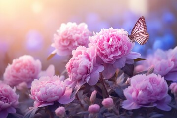  a butterfly sitting on a pink flower in the middle of a field of pink peonies with a blurry background.