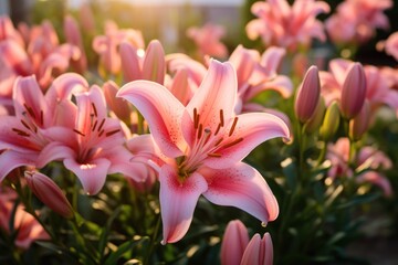  a bunch of pink flowers that are blooming in the sun shining on the top of the flowers in the center of the picture.