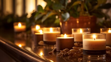 a aromatic candles releasing fragrant smoke, their warm illumination casting a soft, inviting ambiance in the surrounding space.