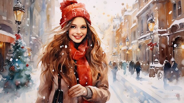 happy girl in a snowy winter city - watercolor illustration