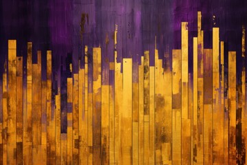  a painting of yellow and purple lines on a purple and yellow background with a dark purple sky in the background.